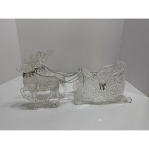 Vintage Acrylic Christmas Crystal Cut Look Sterling Details Sleigh and Reindeer